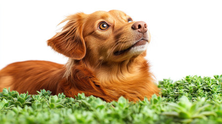 A playful puppy observes its surroundings in a vibrant garden filled with greenery.の素材