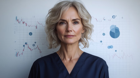 A confident woman in a dark outfit gazes thoughtfully, surrounded by business graphs.の素材