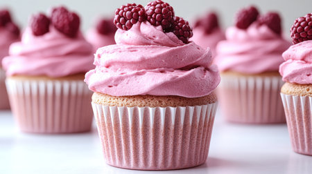 Delightful cupcakes with pink frosting and fresh blackberries create a sweet experience.の素材