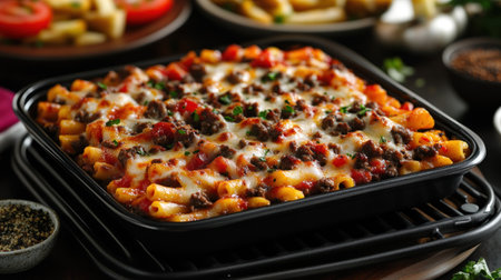 Enjoy a hearty baked pasta dish with ground beef and bubbling cheese.の素材