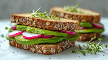 A vibrant sandwich made with whole grain bread, layered with fresh radishes and avocado.の素材