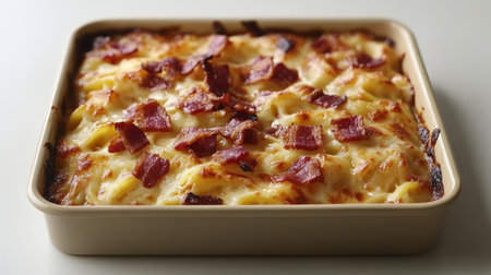 A creamy macaroni casserole, adorned with crunchy bacon bits, freshly baked to perfection.の素材