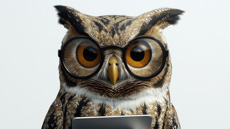 An owl wearing glasses and holding a tablet showcases its intelligence and curiosity.の素材