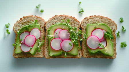 Colorful open-faced sandwiches topped with creamy avocado and fresh radishes.の素材
