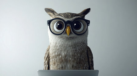 A clever owl, adorned with glasses, watches curiously from a simple background.の素材