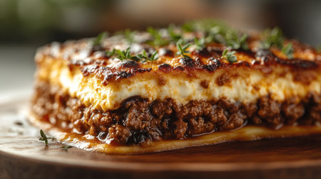 Savory lasagna features layers of meat, golden cheese, and fresh herbs.の素材