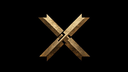 An intricate golden symbol showing geometric shapes and depth emerges against black.の素材