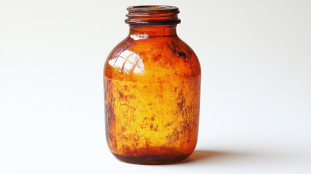 The amber glass bottle stands proudly, reflecting light and history in its surface.の素材
