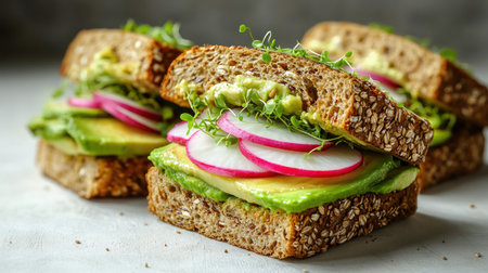 Three vibrant sandwiches layered with creamy avocado, crunchy radish, and fresh sprouts.の素材