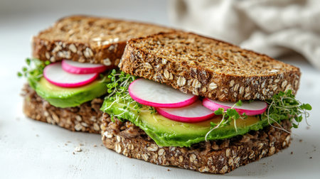 A vibrant sandwich filled with avocado, radishes, and sprouts on hearty oats bread.の素材