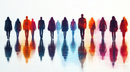 Silhouettes of people in bright hues walking together, creating a striking atmosphere.の素材