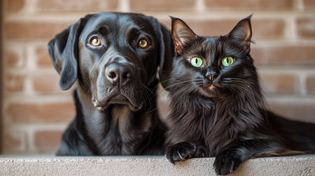 A friendly dog and a curious cat sit closely, enjoying each other's company.の素材