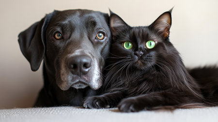 A dog and cat share a heartwarming close moment while relaxing indoors.の素材