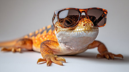A vibrant lizard relaxes in a sunlit space, sporting cool sunglasses and a relaxed pose.の素材