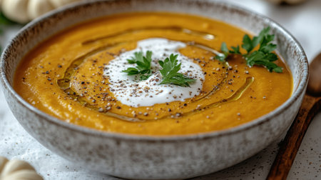 Warm and inviting pumpkin soup topped with herbs and olive oil, perfect for cooler days.の素材