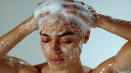 A person in a rich later, reflecting calm and self-care.の素材