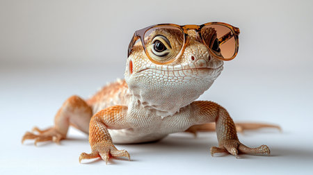 A cool lizard shows off its fashionable side with chic sunglasses on a smooth background.の素材