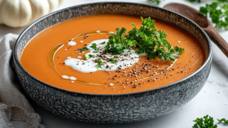 Savor the rich flavors of a hearty tomato soup topped with herbs and cream.の素材