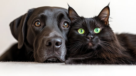 The black cat and dog cuddle together, radiating warmth and friendship in a serene space.の素材