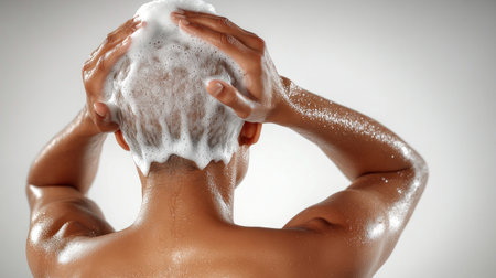 Lathering shampoo in hair, the person embraces a refreshing self-care moment.の素材