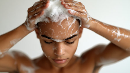 The individual massages gently shampoo into their scalp, embracing tranquility.の素材