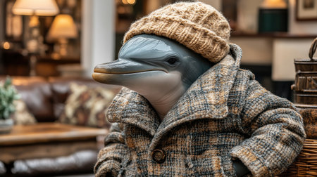 A dolphin dressed in chic winter attire relaxes in a warm and inviting room.の素材