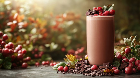 Indulge in a delightful chocolate smoothie topped with raspberries and cocoa pieces.の素材