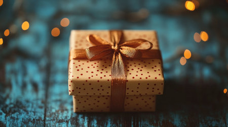 A golden-ribboned gift shines gently on a worn surface.の素材