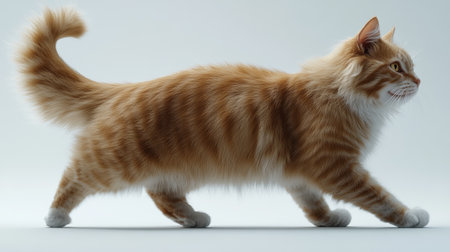 An orange tabby cat strides purposefully, showing its fluffy fur and elegance.の素材