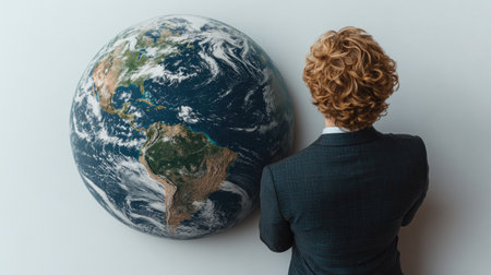A person in a suit stands thoughtfully, admiring a globe depicting our planet.の素材