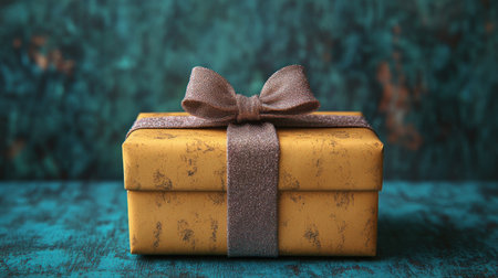 A charming yellow present adorned with a silver bow captures attention on vivid turquoise.の素材