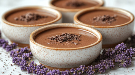 Indulge in creamy chocolate mousse elegantly presented with aromatic lavender.の素材