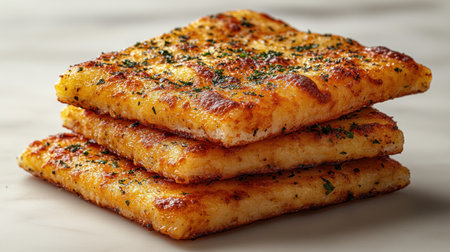 Savory, warm cheesy bread squares, perfectly baked and ready for sharing.の素材