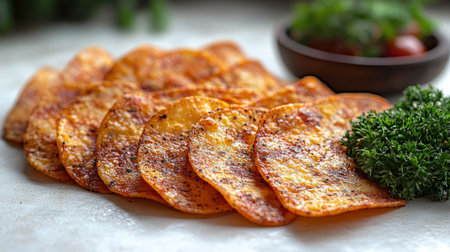 Crispy snacks are beautifully served with fresh greens and cherry tomatoes.の素材