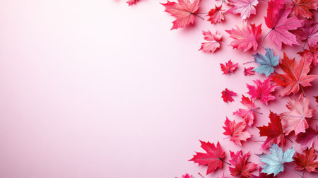 Colorful red and blue maple leaves adorn a soft pink backdrop, evoking autumn.の素材