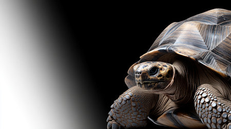 A tortoise slowly shows off its patterned shell against a striking backdrop.の素材