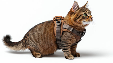 The playful tabby cat stands poised in a harness, ready to explore its cozy environment.の素材