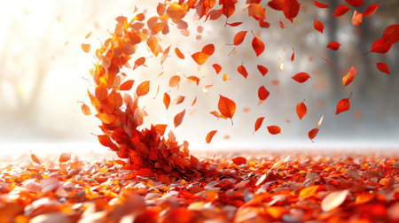 Vibrant orange leaves dance in the gentle breeze during a peaceful autumn morning.の素材