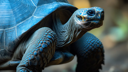A tortoise enjoys a sunny day, showcasing its vibrant colors against green leaves.の素材
