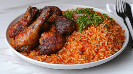 Delightful jollof rice paired with succulent grilled chicken dark meat and fresh herbs.の素材