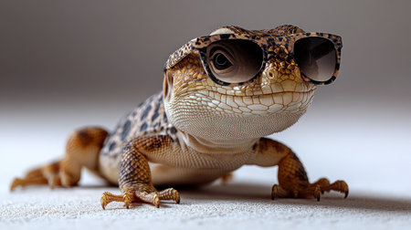 A unique lizard dons quirky sunglasses while basking in a sunlit space.の素材