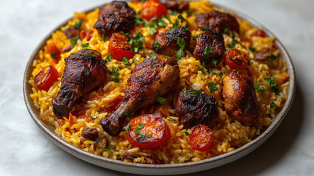 Deliciously seasoned rice topped with tender roasted chicken and vibrant vegetables.の素材