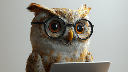 A curious owl with glasses engages with a laptop, displaying thoughtful intrigue.の素材