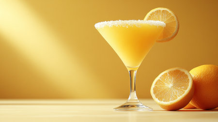 A vibrant cocktail with a lemon garnish sits next to fresh lemons, radiating freshness.の素材