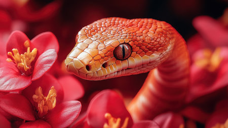 The red snake glides gracefully among vibrant blossoms, highlighting nature's beauty.の素材