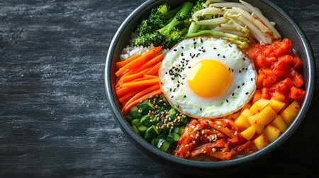 Colorful mix of vegetables and rice topped with a fried egg brings joy to dinner.の素材