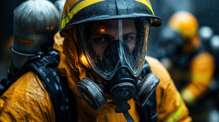 A determined firefighter prepares to extinguish a fierce fire amidst heavy rain.の素材
