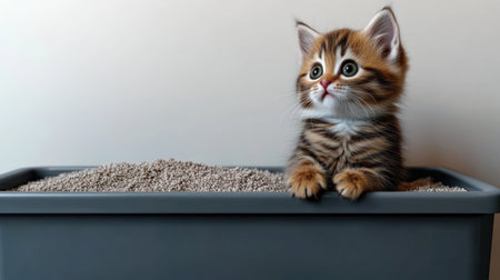 A playful kitten with striking stripes gazes curiously from its litter box.の素材
