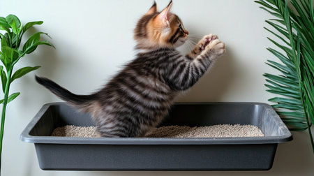 A curious kitten plays in a litter box surrounded by lush green plants.の素材