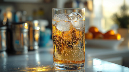 A glass filled with sparkling beverage and ice catches the sunlight beautifully.の素材